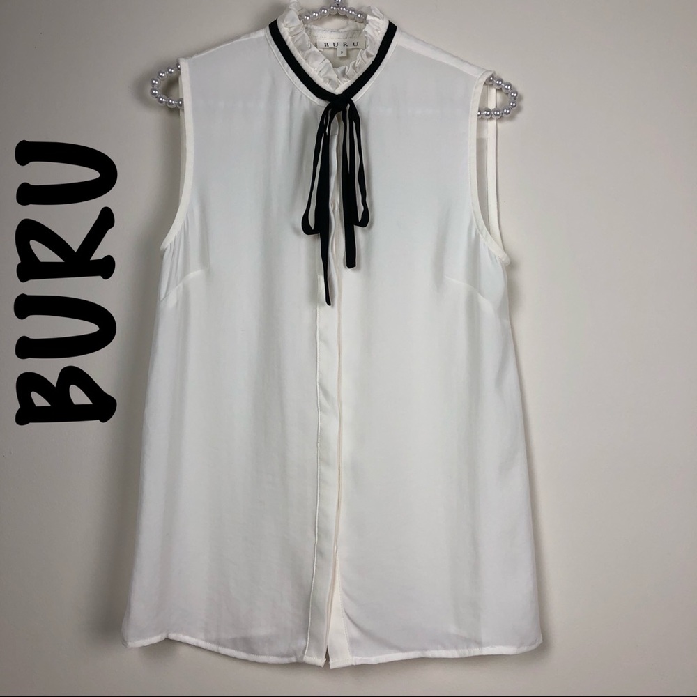 BURU short sleeve blouse Black tie ribbon Sz S
